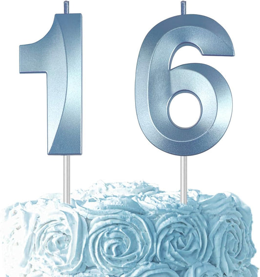 Blue Number 16 Candles, 3D Diamond 2.76 Inch Cake Topper Birthday Candles for Wedding Anniversary Cake Decorations, Happy Birthday Party Decorations