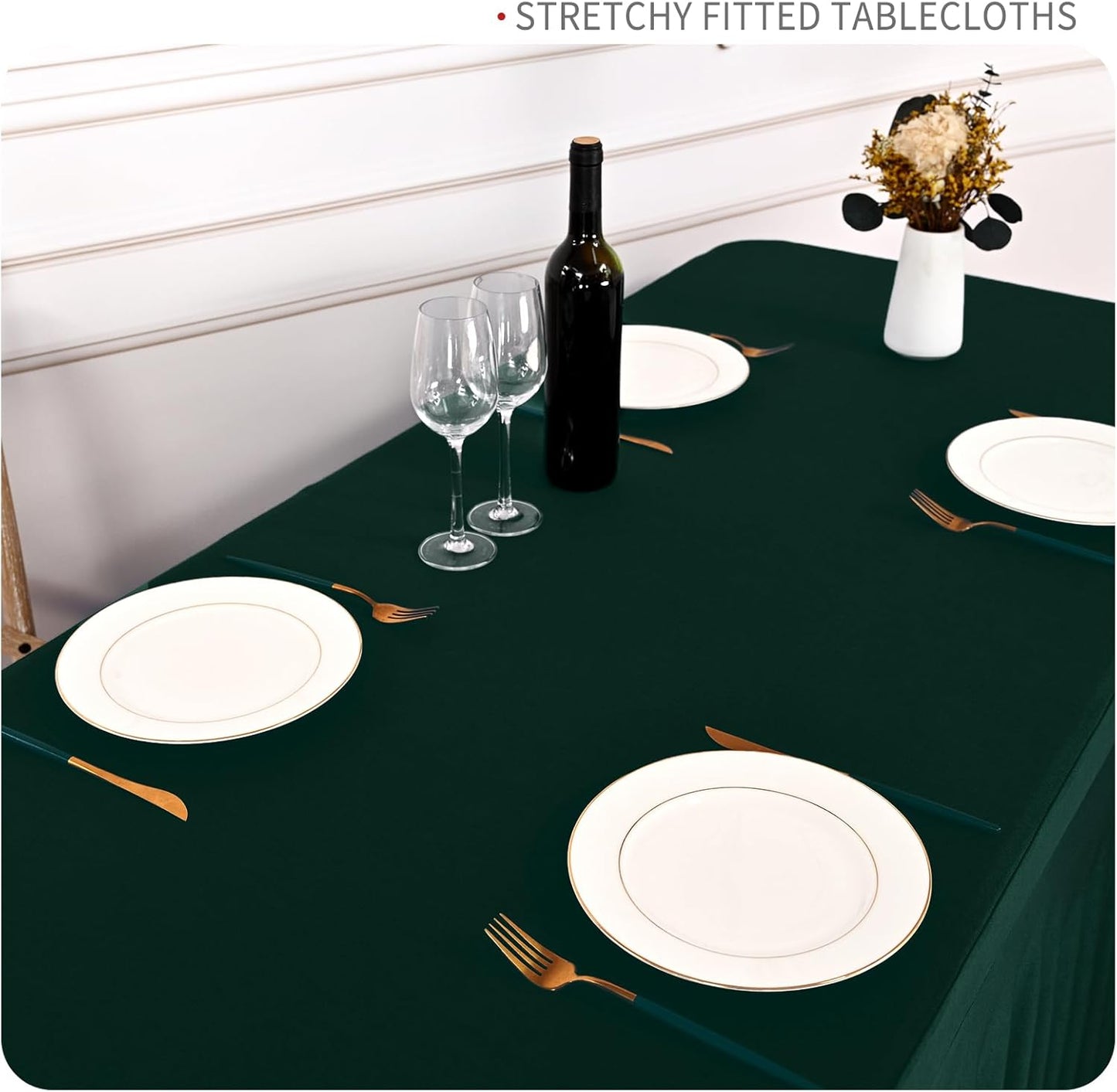 2 Packs Emerald Green Stretch Table Skirts for 8 Foot Rectangle Table, Washable Spandex Stretch Tablecloths with Skirt, Wrinkle Resistant Fitted Tablecover for Wedding Party Banquet
