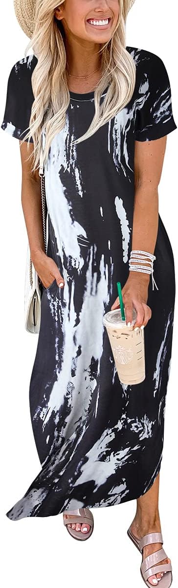 ANRABESS Womens Summer Maxi Dress Short Sleeve Casual Loose Long T Shirt Dresses Split Vacation Beach Sundress Travel Outfits