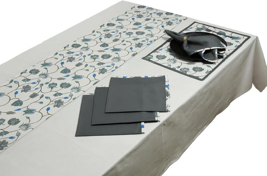 Indtresor Indian Heritage Fabric Cotton Table Linen Reversible Set Runner Napkins Mats in Blue White