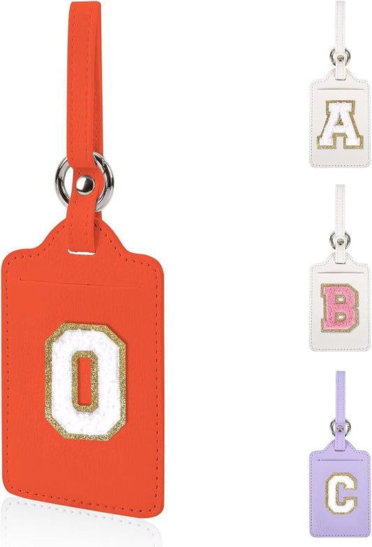 Personalized Initial Luggage Tags for Suitcases, Leather Chenille Letter Cute Luggage Tags with Privacy Name Card, Embroidered Travel Bag Backpack Tags Gifts for Women Kids Girls Teens(Orange-O)