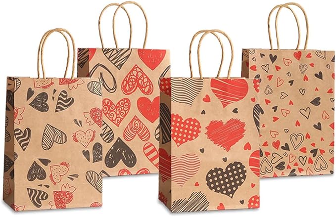 piqiya 24pcs Valentine Gift Bags Bulk,Kraft Paper Gift Bag with Handle,Valentines Gift Bags for Gift Wrapping,Anniversary,Valentine‘s Day Party