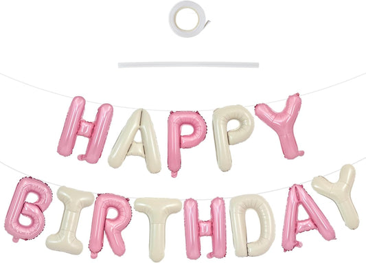TONIFUL Happy Birthday Balloons with Ribbon Straw 16 Inch Mylar Letters Balloons Sign Banner Bunting Reusable for Girls Boys Kids & Adults Party Decorations Supplies（Cream White Pink）