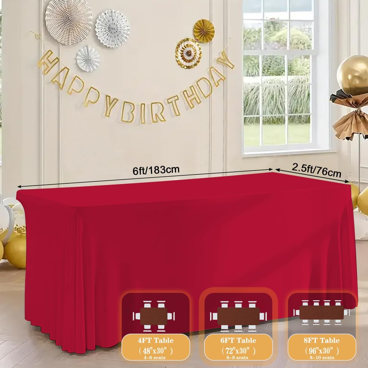 HAORUI Open Back Table Skirts, 4Pack Rectangle Wrinkle Resistant Table Clothes, Ruffles Elastic Table Cover for Banquets, Weddings, Parties (6ft Red)