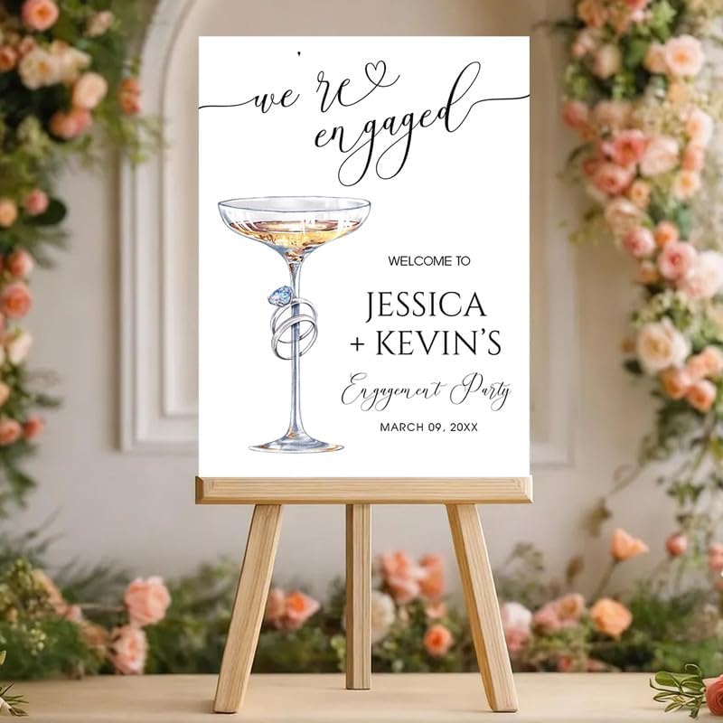 Elegant Ring & Champagne Glass Welcome Sign - "We're Engaged" Calligraphy Decor for Couples