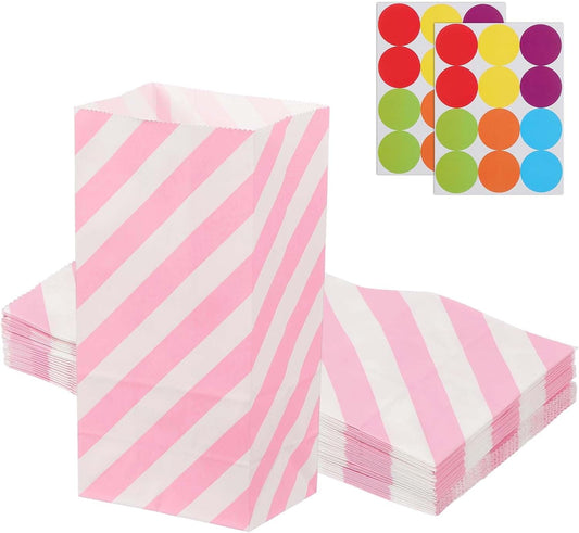 PATIKIL Party Favor Bag, 24 Pcs 3.5x2.4x7.1 Inch Mini Paper Candy Bags Gift Treat Celebration Halloween Goody Birthday Wedding Party with Stickers, Pink Twill