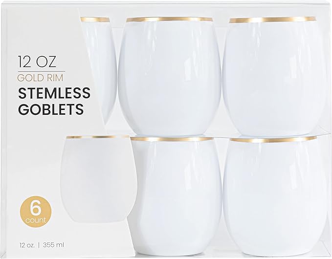 PLASTICPRO 6 Pack White With Gold Rim Plastic Wine Glasses Stemless Disposable 12 oz BPA Free Shatterproof Plastic Cups Wine Glasses for Parties