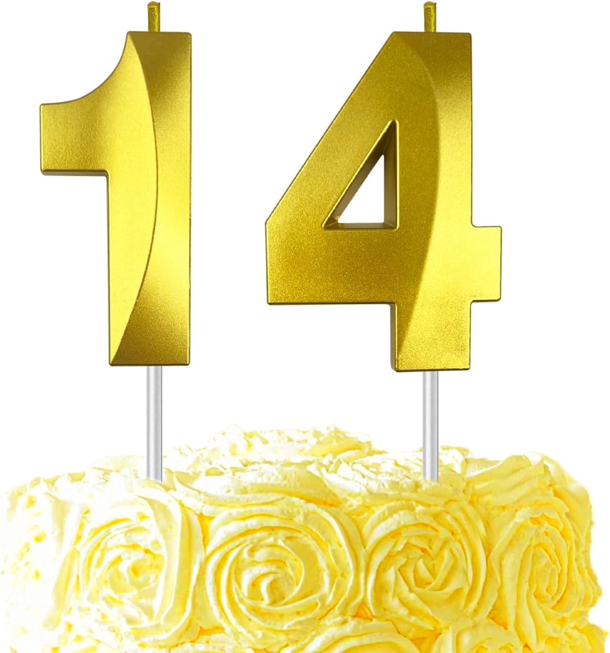 Gold Number 14 Candles, 3D Diamond 2.76 Inch Cake Topper Birthday Candles for Wedding Anniversary Cake Decorations, Happy Birthday Party Decorations
