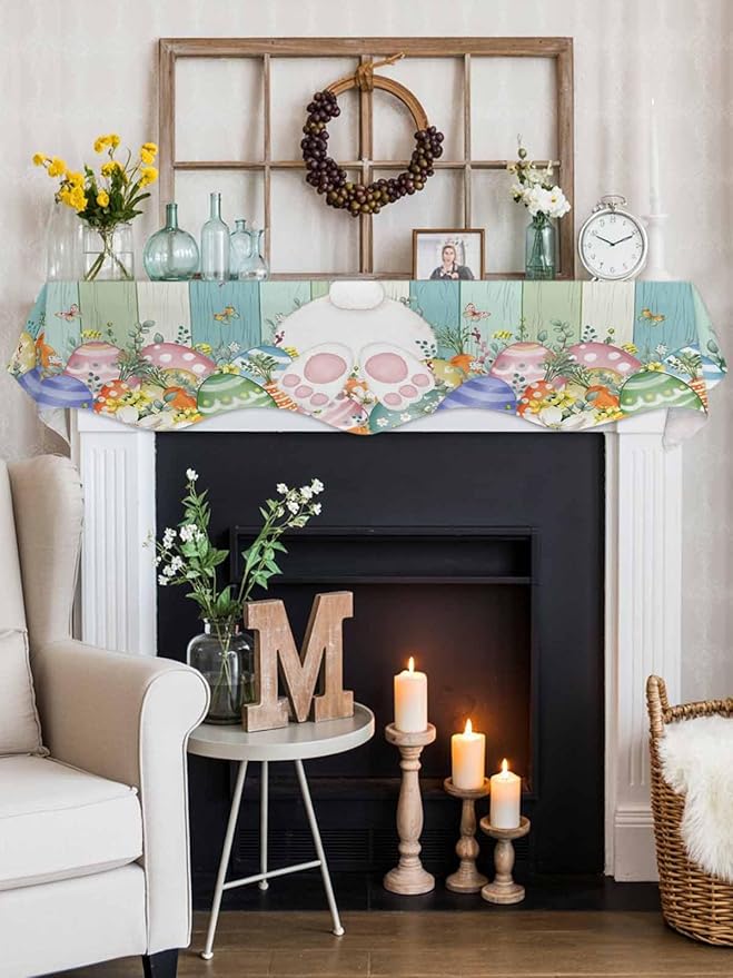 Cute Easter Bunny Fireplace Mantel Scarf Table Runner, Eucalyptus Leaves Colorful Eggs Wooden Winter Garland Mantel Top Tablerunners Dresser Scarves Cover for Windows Party Living Room 70''x17''