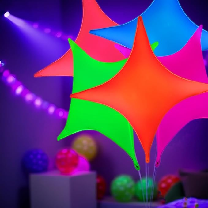 Mega-L Glow in the Dark Party Supplies, 5 Pcs Neon Star Balloons Set – Fluorescent Red, Lemon Yellow, Fuchsia, Blue and Orange Balloons Perfect for Birthday, Wedding, Anniversary, Graduation Party