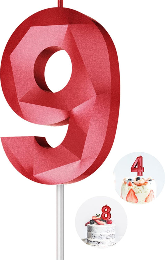 Number Birthday Candles(9 Candle Red) 3D Diamond Shape Number Happy Birthday Cake Candles for Birthday Party Wedding Decoration Reunions Theme Party