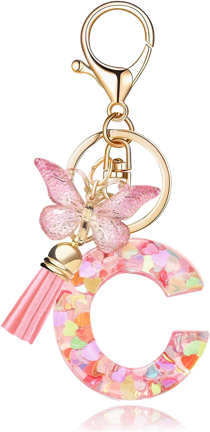 Fashion Alphabet Initial Letter Keychain Tassel Butterfly Pendant Key Ring for Purse Handbags Women Girl