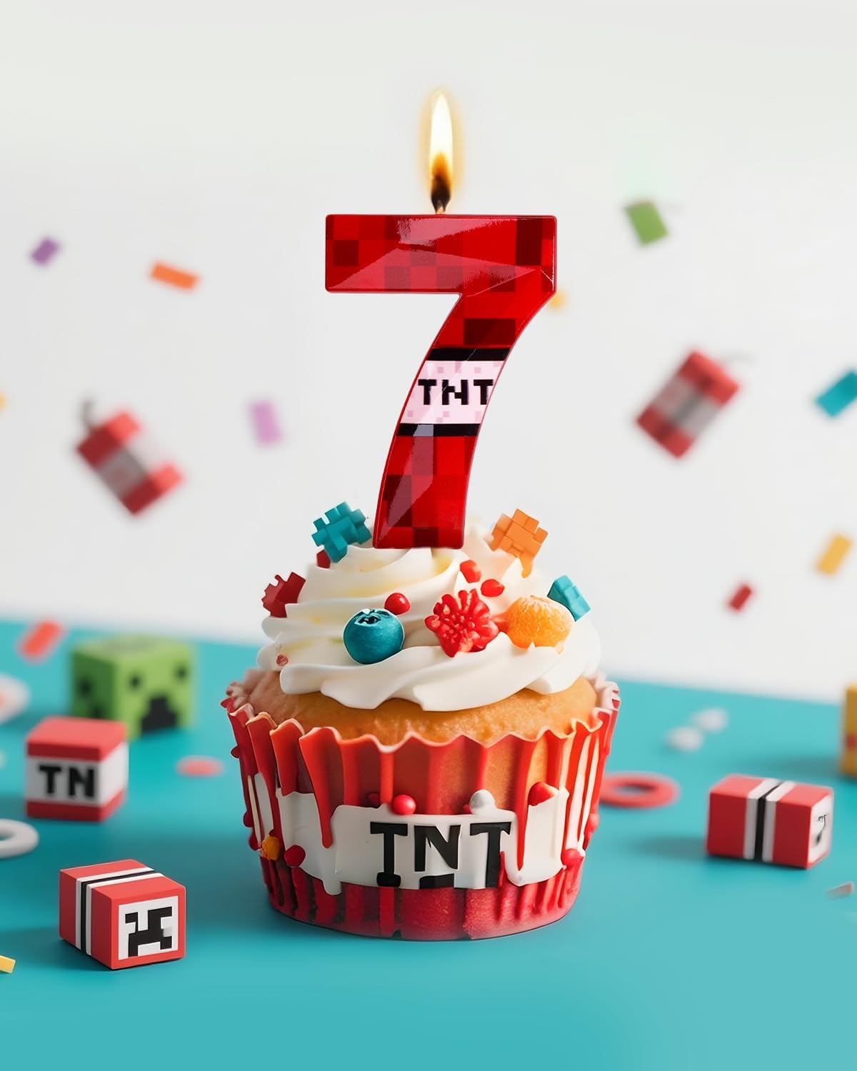 Pixel Birthday Candle, 2.68 Inch Miner Number Candles, Game Themed Candle Birthday Decoration for Pixel Theme Birthday Anniversary Dynamite Video Game Party (Red, 7)