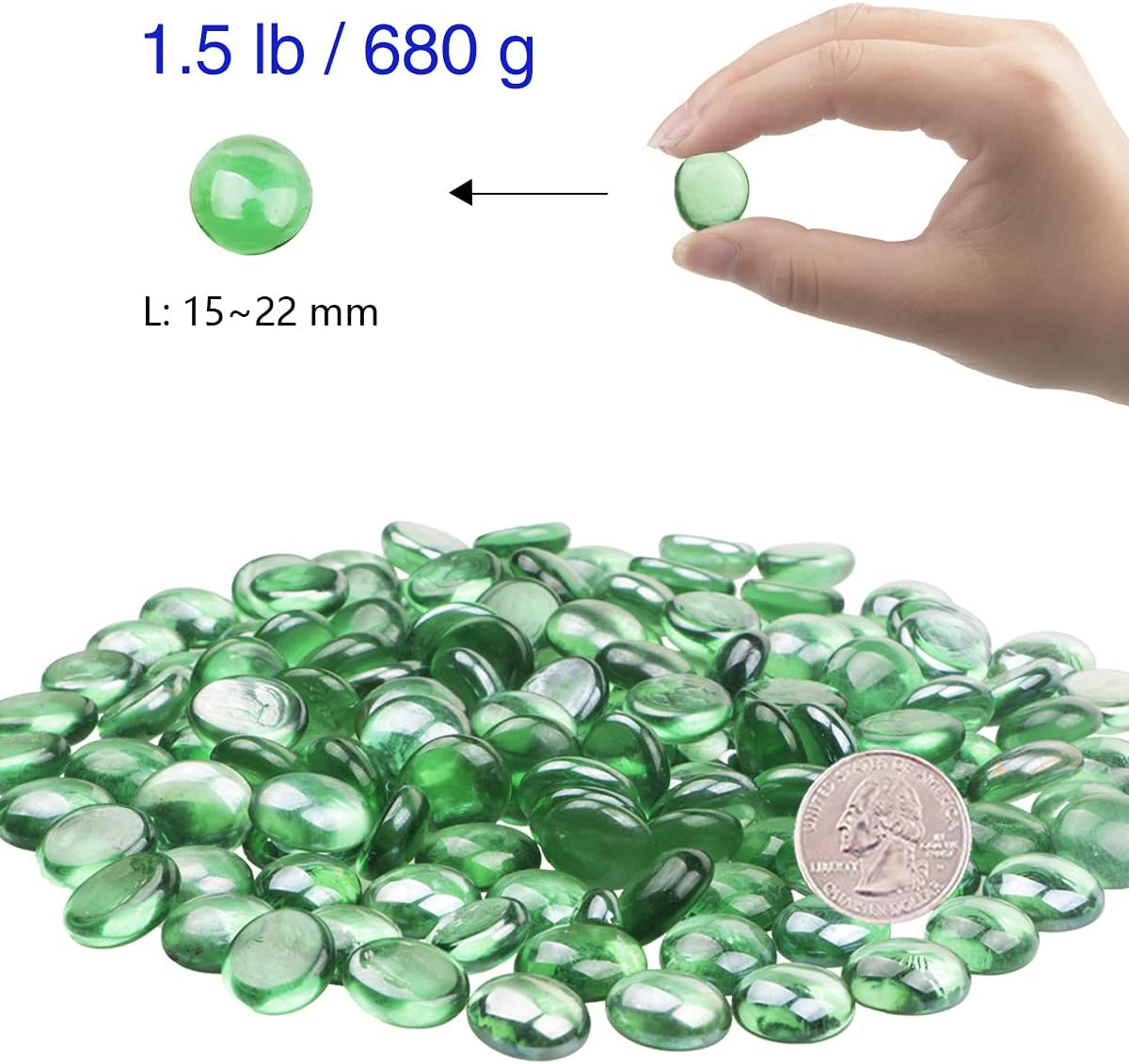 YIYA Green Flat Marble Decorative Beads Glass Gems for Home Decoration Vase Filler Fish Tank Bottom Decoration (About 1.5 lb(680g)/Bag)