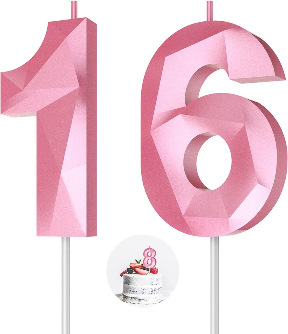 Number Birthday Candles(16 Candle Pink) 3D Diamond Shape 16th Happy Birthday Cake Topper Decorations for Girl Women Birthday Wedding Anniversary Celebration Theme Party Supplies