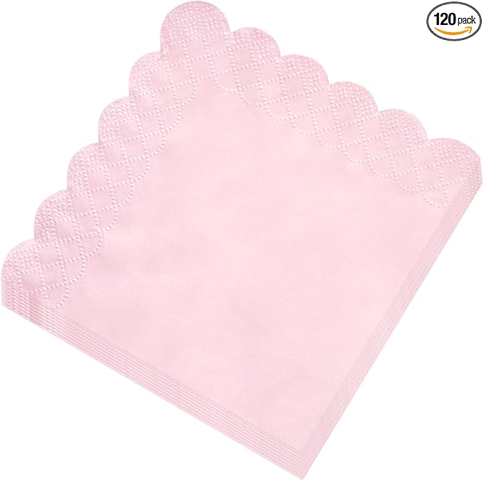 120 Pcs Pink Scalloped Cocktail Napkins,2-Ply Pink Disposable Beverage Party Napkins for Dinner Wedding Birthday Baby Shower