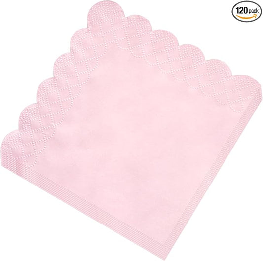 120 Pcs Pink Scalloped Cocktail Napkins,2-Ply Pink Disposable Beverage Party Napkins for Dinner Wedding Birthday Baby Shower