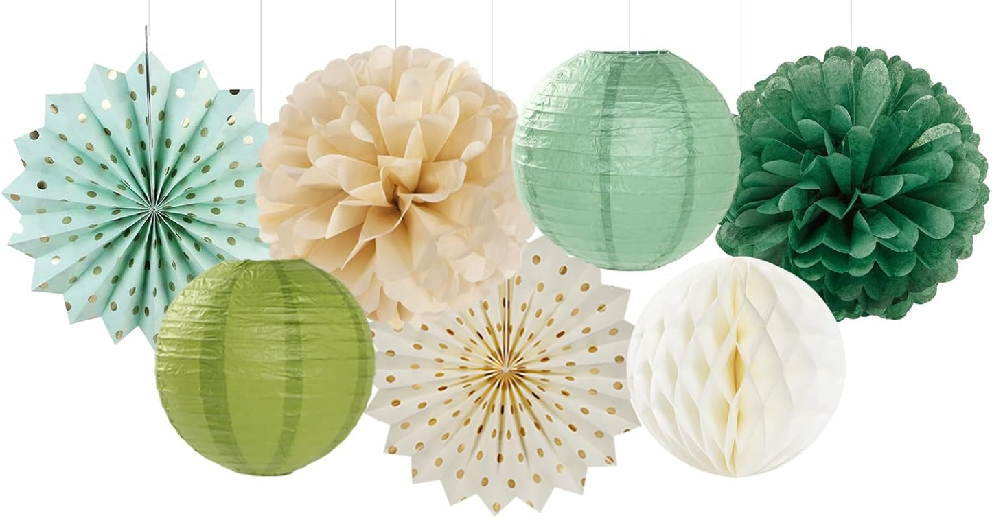 Sage Green Gold Party-Decorations Streamers-Lanterns - 14pcs Olive Paper Fan Honeycomb, Rustic Boho Neutral Birthday Tissue Pom Poms, Baby Bridal Shower Wedding Bachelorette Decor Lasting Surprise