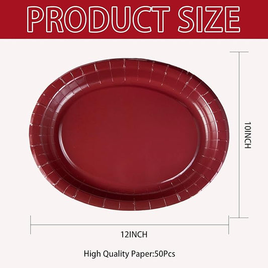 50Pcs Burgundy Oval Paper Plates 10" x 12" Heavy Duty Maroon Wine Dark Red Party Disposable Plates Valentines Day Dessert Platter for Anniversaries Wedding Birthday Holiday Party Supplies Decoration