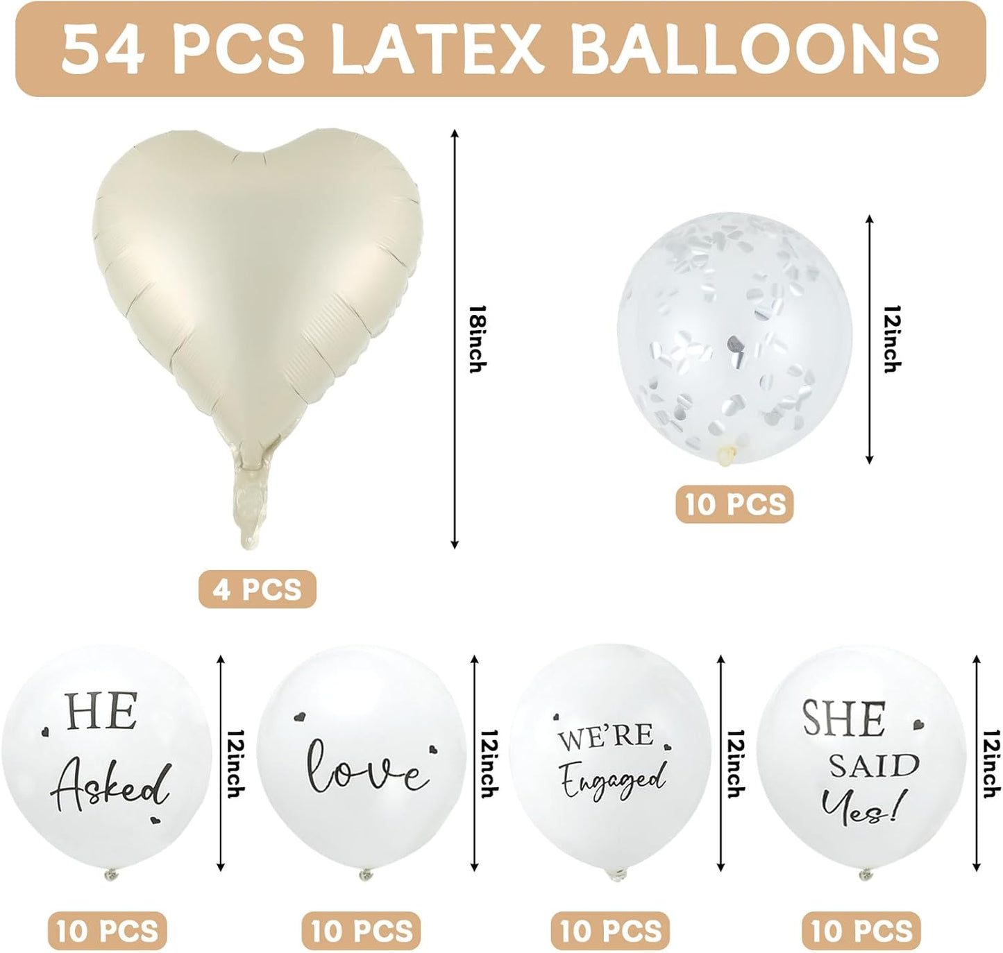 54Pcs Engagement Party Balloons Engagement Party Decorations He Asked?She Said Yes Balloon Cream Heart Shape Silver Confetti Latex Balloon for Bridal Shower Wedding Supplies