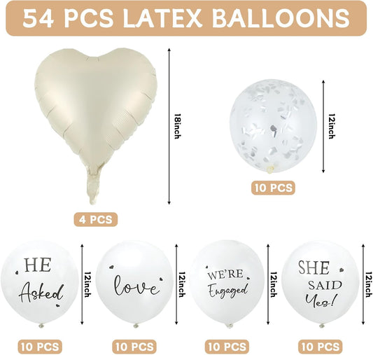 54Pcs Engagement Party Balloons Engagement Party Decorations He Asked?She Said Yes Balloon Cream Heart Shape Silver Confetti Latex Balloon for Bridal Shower Wedding Supplies
