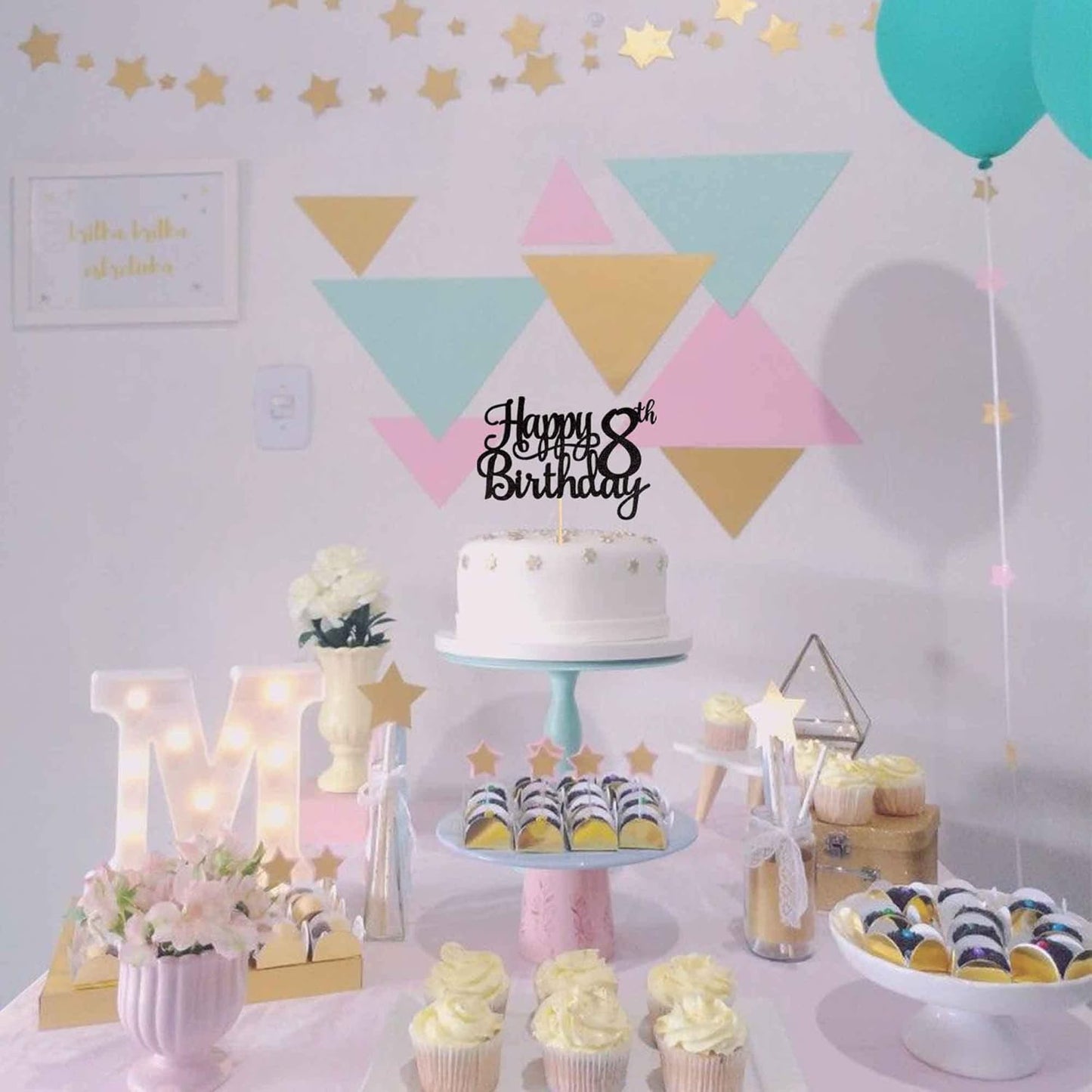 1 PCS Happy 8th Birthday Cake Topper Glitter Cheers to 8 Years Cake Pick Number 8 Fabulous Cake Decoration for 8th Birthday Theme Party Decorations Supplies Black