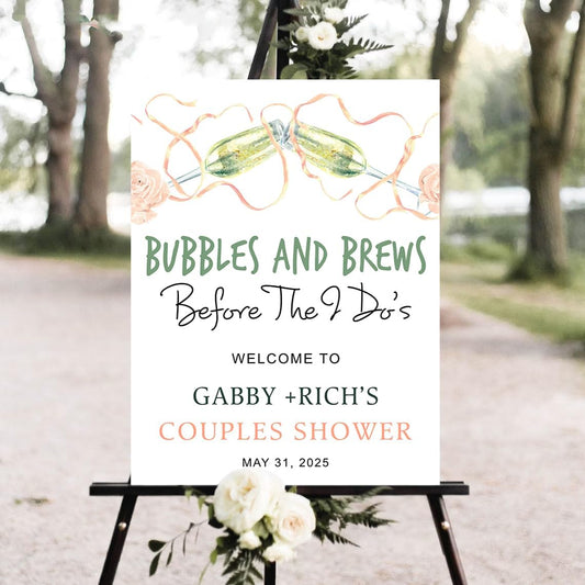 Personalized Greenery Eucalyptus Bubbles and Brews Couples Shower Welcome Sign, Gold Modern Minimalist Wedding Shower Bridal Party Decoration, Outdoor Plastic Sign Weatherproof #20