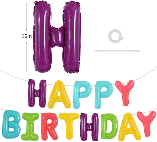 TONIFUL Coloful Macaron Rainbow Happy Birthday Balloons Banner with Ribbon Straw, 16 Inch Mylar Foil Letters Birthday Sign Bunting Reusable for Girls Boys Kids & Adults Birthday