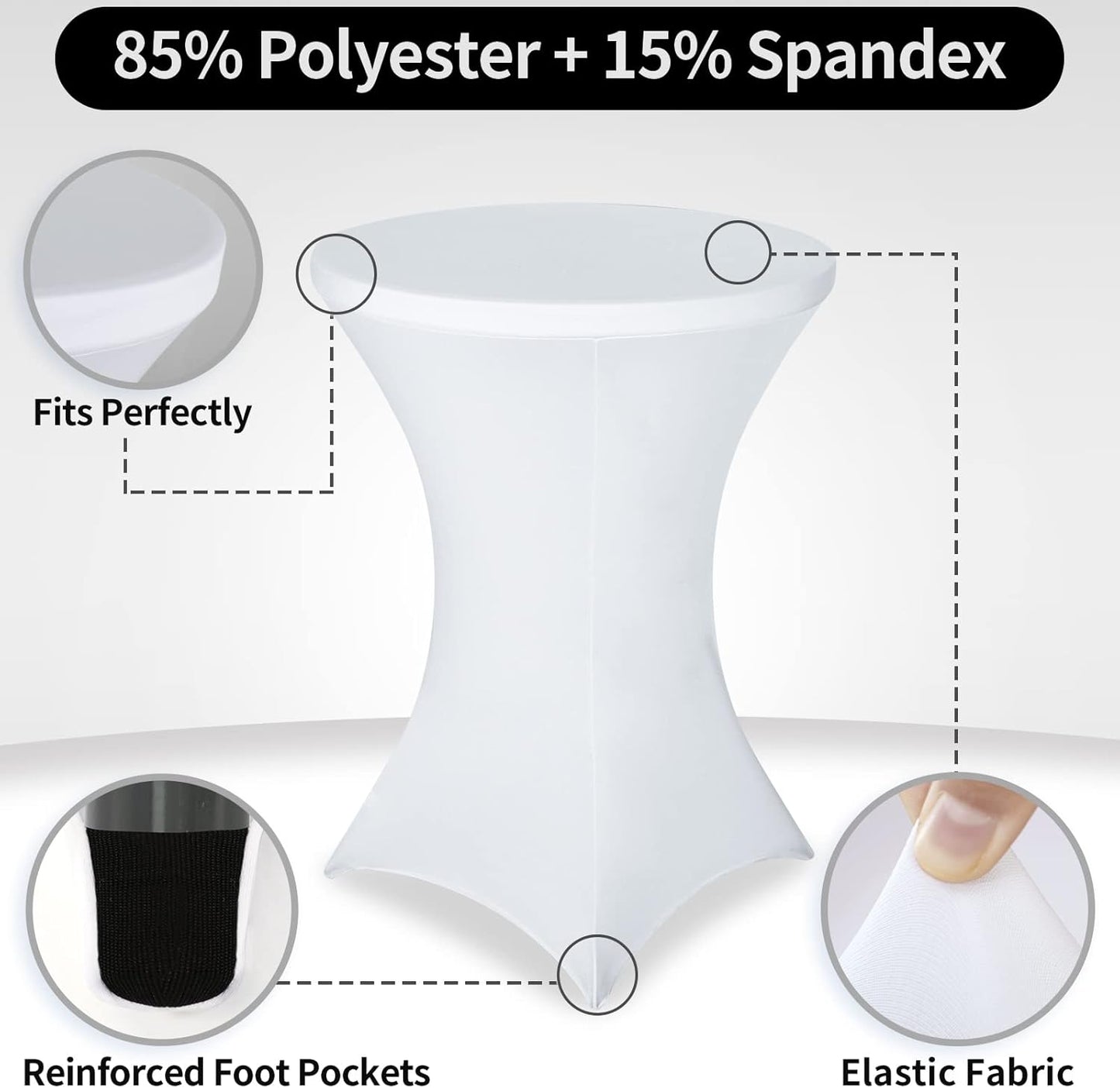 FestiCorp 2 Pack Spandex Table Cover, Cocktail Fitted Tablecloth, Round Highboy Stretch Table Covers Cloths for Party, DJ, Bar, Wedding, Birthday, Banquet, White, 30"-32" Diameter x 40"-43" Height