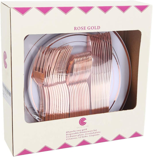Supernal 60pcs Rose Gold Plastic Dinnerware Set Includes Rose Gold Plastic Plates and Disposable Silverware,Disposable Party Plates and Flatware Service for 12 Guest,Perfect for Birthday,Party,Wedding