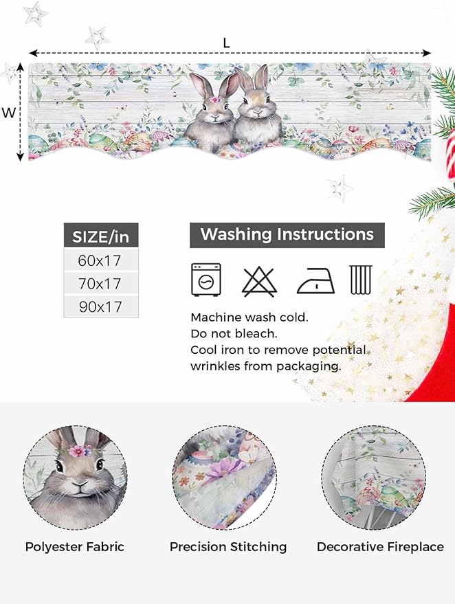 Bunny Easter Fireplace Mantel Scarf Table Runner,Eucalyptus Leaves Spring Floral Eggs Wooden Winter Garland Mantel Top Tablerunners Dresser Scarves Cover for Windows Party Living Room 60"x17"
