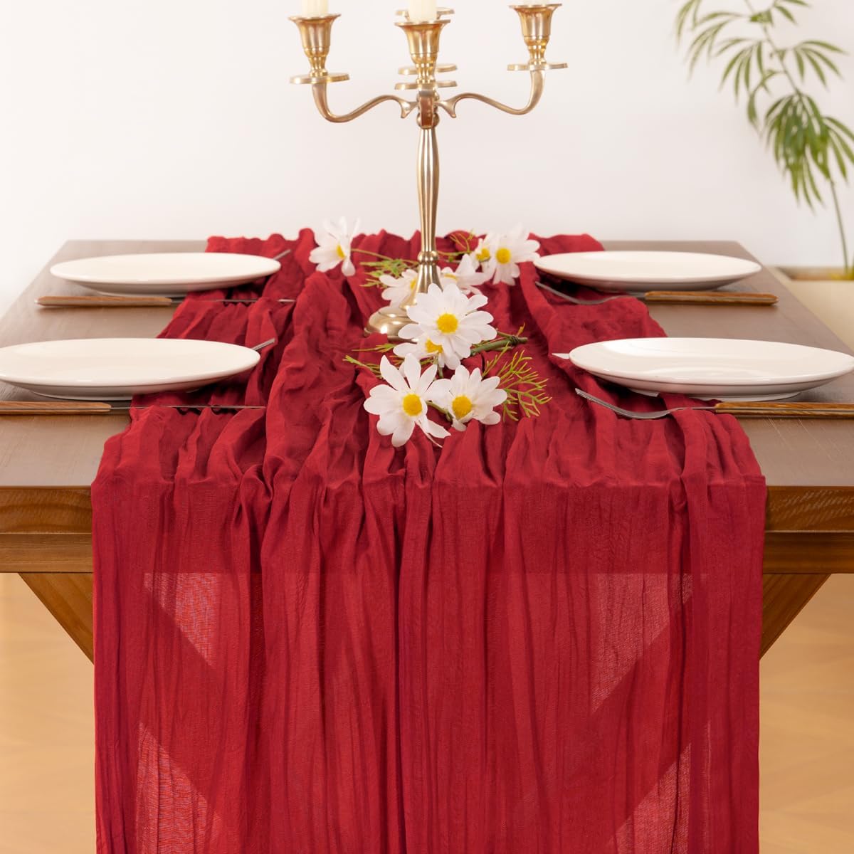 Socomi Red Fall Thanksgiving Cheesecloth Table Runner Boho Rustic Gauze 120 inch 10FT Cheese Cloth Runner for Wedding Party Baby Shower Birthday Home Decor Holiday Decorations