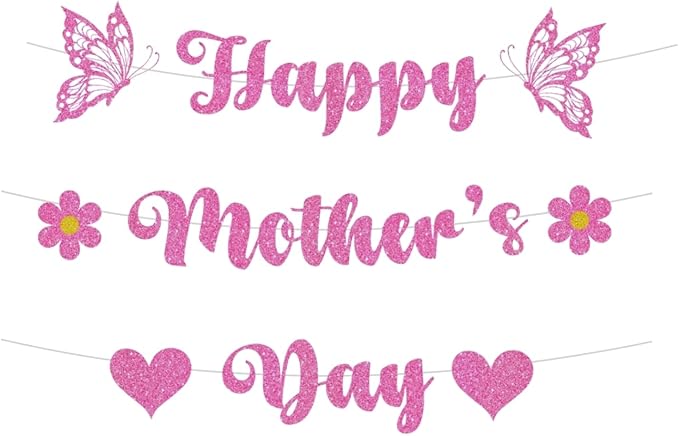 Happy Mother's Day Banner Set Decoration for Mother's Day Party Decorations Backdrop Garland for Mom Mother's Day Glitter Garland Photo Props (Pink Butterfly)