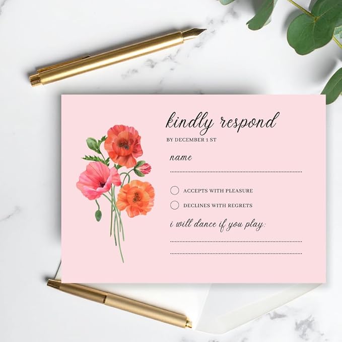 Personalized Wedding RSVP Cards On Glossy Thick Card With Envelope, Personalized Reponse, 5 x 3.5 Inches, Set of 15 Custom Cards with White Envelopes (Pink)