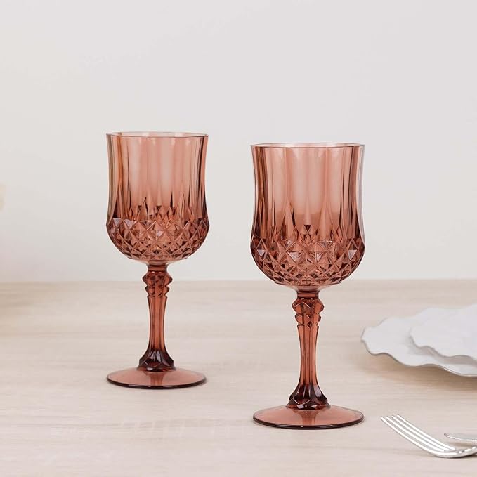 Efavormart 6-Pack Plastic Wine Glasses 8oz, Dusty Rose - Crystal Cut Shatterproof Cocktail Goblets Drinking Glasses