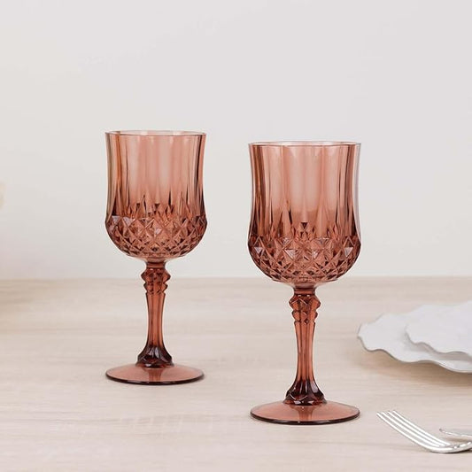Efavormart 6-Pack Plastic Wine Glasses 8oz, Dusty Rose - Crystal Cut Shatterproof Cocktail Goblets Drinking Glasses