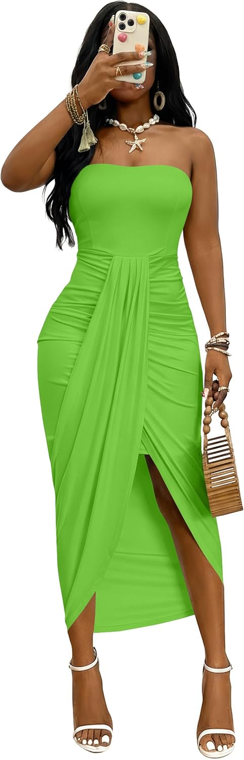 Umenlele Women's Strapless Ruched High Waist Wrap Split Asymmetrical Beach Maxi Long Dress
