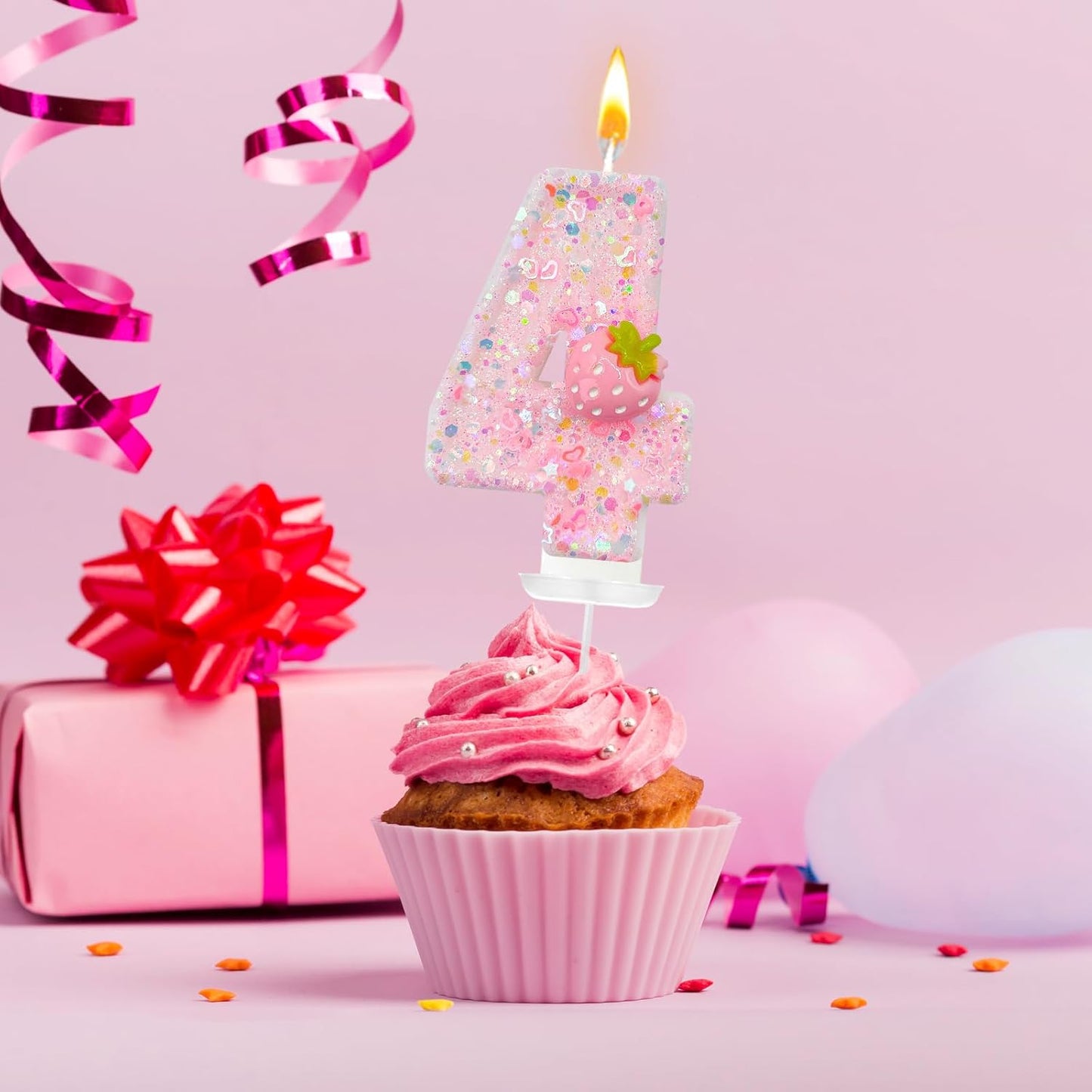 HXOUSE Strawberry Number 4 Birthday Candles - Pink Berry Birthday Candles for Cake, 4 Candle Topper for Anniversary Celebrations Supplies, Strawberry Party Decorations for Girl (No.4)