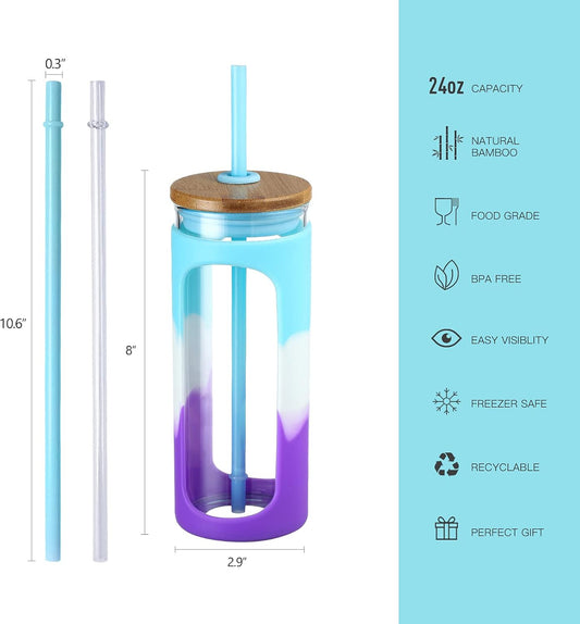 Kodrine 20oz Glass Tumbler with Straw and Lid, Iced Coffee Cups with Bamboo Lids, Glass Cups for Cold Drinks, Smoothie Cup with Silicone Sleeve for Travel, Work, BPA FREE-Blue Purple
