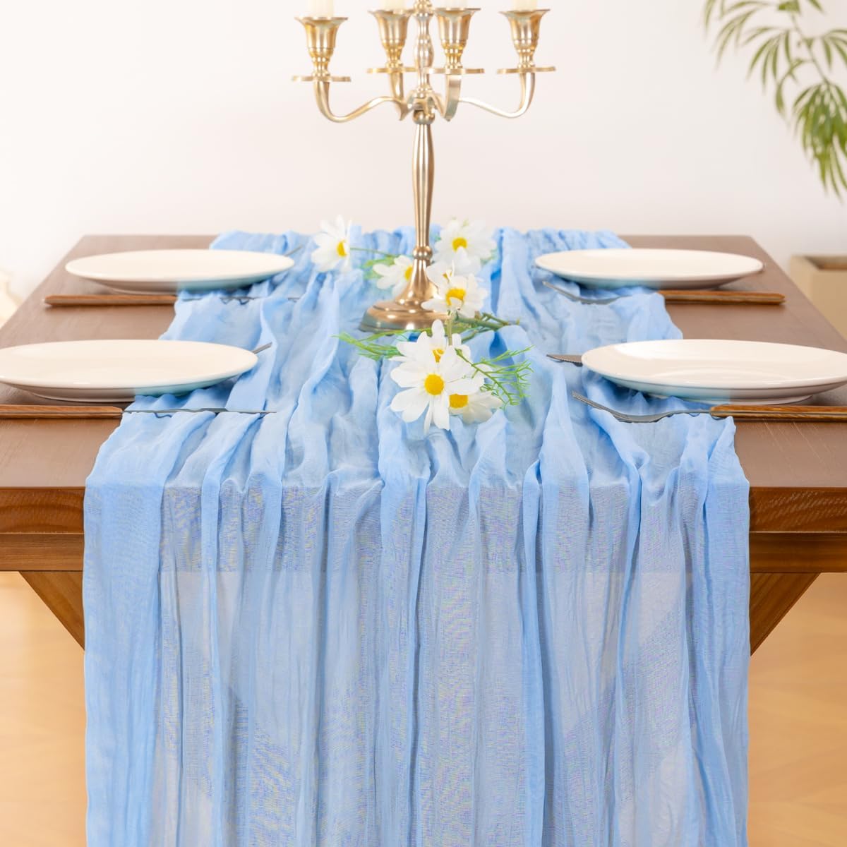 Socomi 3pcs Blue Fall Thanksgiving Cheesecloth Table Runner Boho Rustic Gauze 120 inch 10FT Cheese Cloth Runner for Wedding Party Baby Shower Birthday Home Decor Holiday Decorations