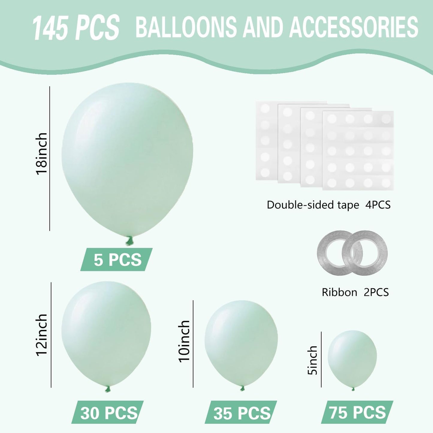 Pastel Green Balloons 145pcs Different Sizes 18 12 10 5 Inches Mint Green Latex Balloon Garland Arch for Birthday Baby Shower Wedding Anniversary Graduation Party Decorations