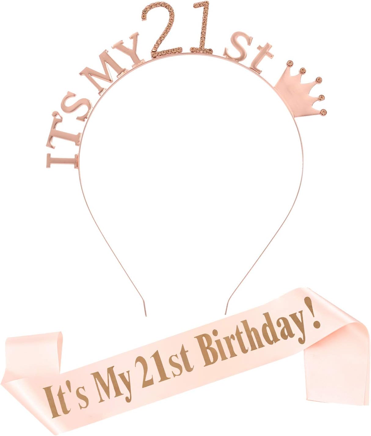 21st Birthday Sash and Tiara for Girl,Rhinestone Crown Headband,It's My 21st Birthday Party Gifts for Women(Rose Gold)