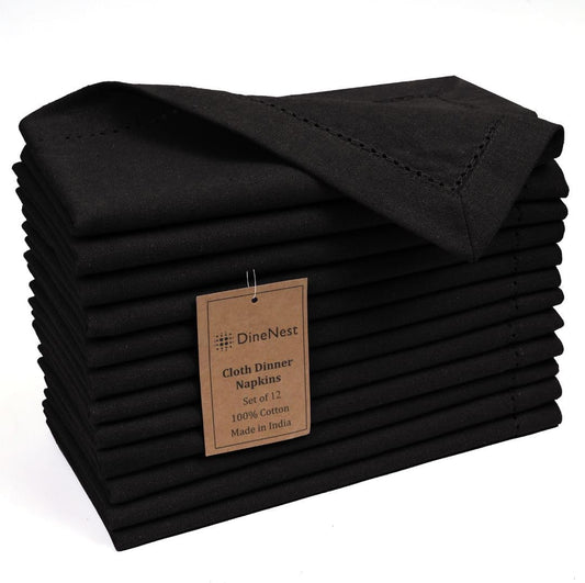 Hemstitch Cloth Dinner Napkins 100% Cotton Set of 12 - for Dining Special Occasions Weddings Parties Holidays Easter - Soft Durable Reusable - 18x18 Inch Table Cloth Napkins Black