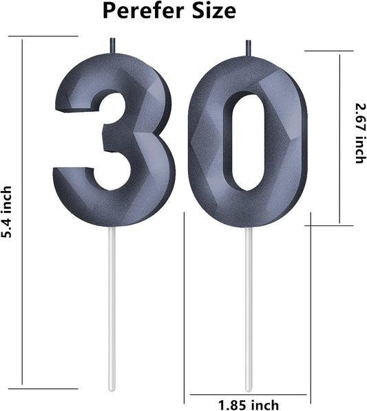 Number Birthday Candles(30 Candle Black) 3D Diamond Shape 30th Happy Birthday Cake Topper Decorations for her him Birthday Wedding Anniversary Celebration Theme Party Supplies