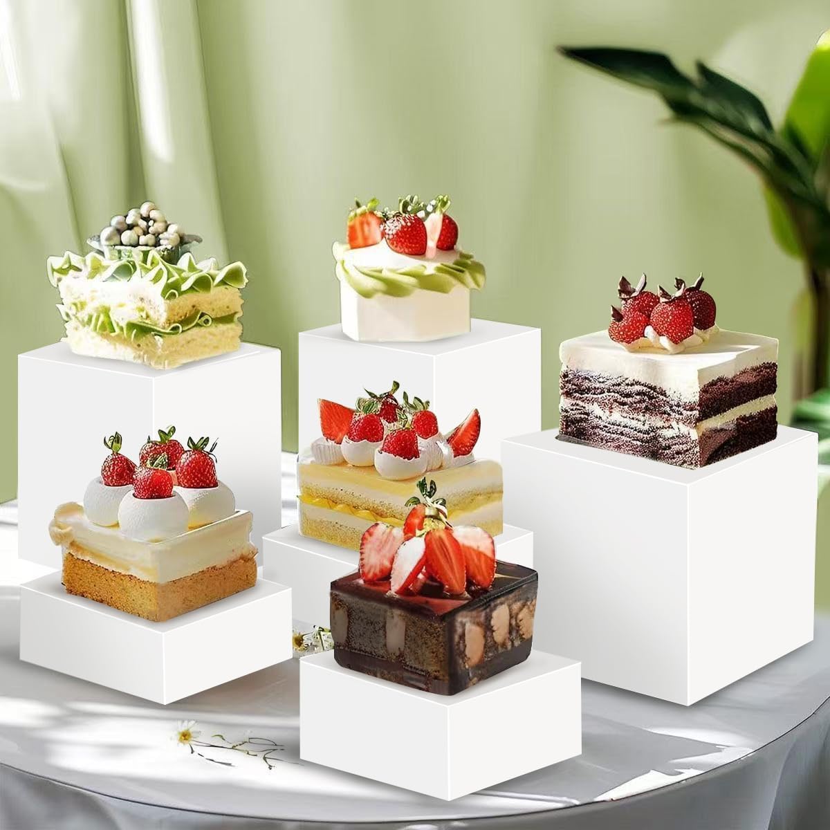 Food Service Display Stands ,5-Sided Plastic Riser with Hollow Bottoms,Perfect for Parties,Brunch,Buffet or Item Display (6PCs)