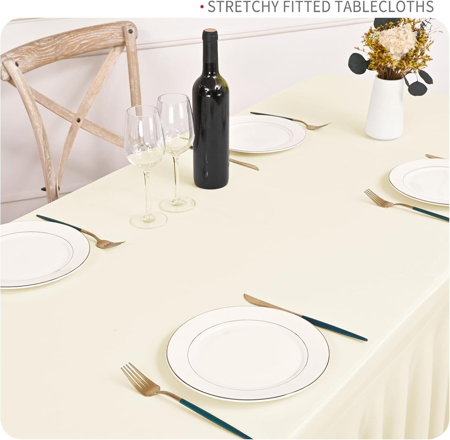 2 Packs Ivory Stretch Table Skirts for 6 Foot Rectangle Table, Washable Spandex Stretch Tablecloths with Skirt, Wrinkle Resistant Fitted Tablecover for Wedding Party Banquet