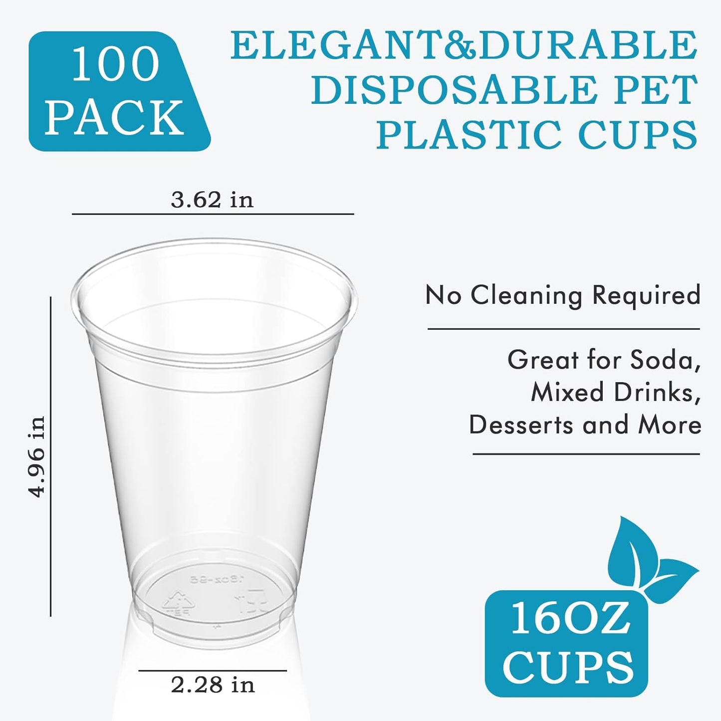 Turbo Bee 100 Pack 16 OZ Clear Plastic Cups, Disposable Crystal Plastic Party Cups for Iced Coffee, Smoothie, Slurpee, or Any Cold Drinks