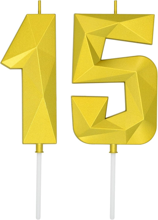 DERVENTA Large Birthday Candle Number 3D Gold 3.7 inch Party Celebration Anniversary Decoration Cake Topper 1 Piece (Number 15 Gold)