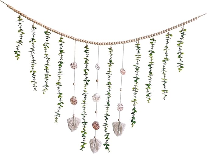 Lurrose Boho Wooden Bead Garland with Simulated Eucalyptus Leaves Rustic Farmhouse Hanging Wall Decor for Bedroom Living Nursery Pastoral Style Vines Decoration