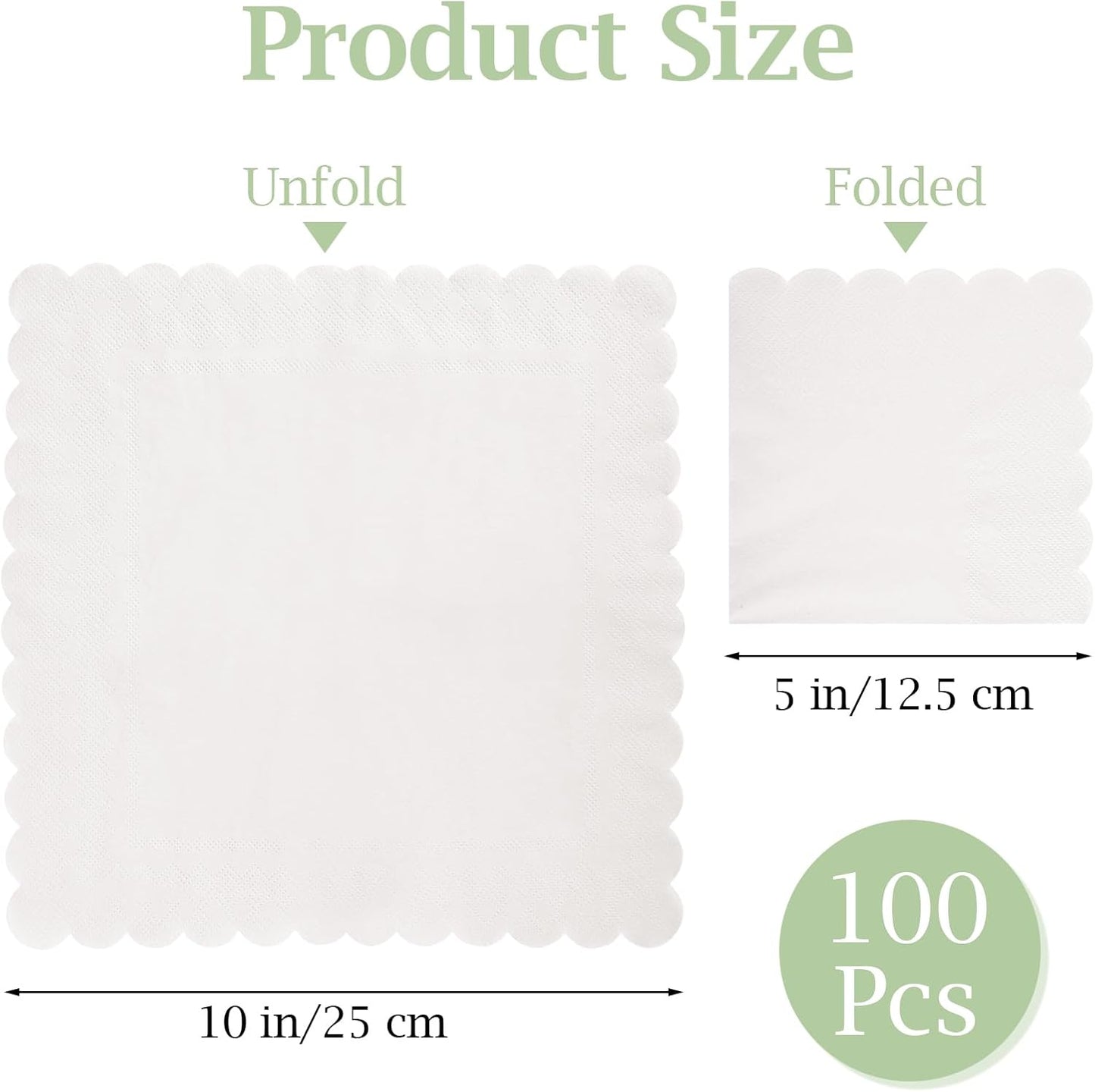 100 Pcs Cocktail Napkins, 2-Ply 5 x 5 Inches Disposable Scalloped Napkins, Thick Premium Dessert Napkins for Party, Wedding, Dinner, Birthday, Anniversary, Festival (White)